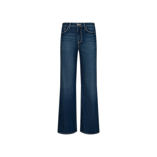 The Rosalyn Wide-Leg Jean is a pair of dark blue, high-rise, wide-leg jeans crafted from soft stretch denim with front and back pockets, displayed on a plain white background.