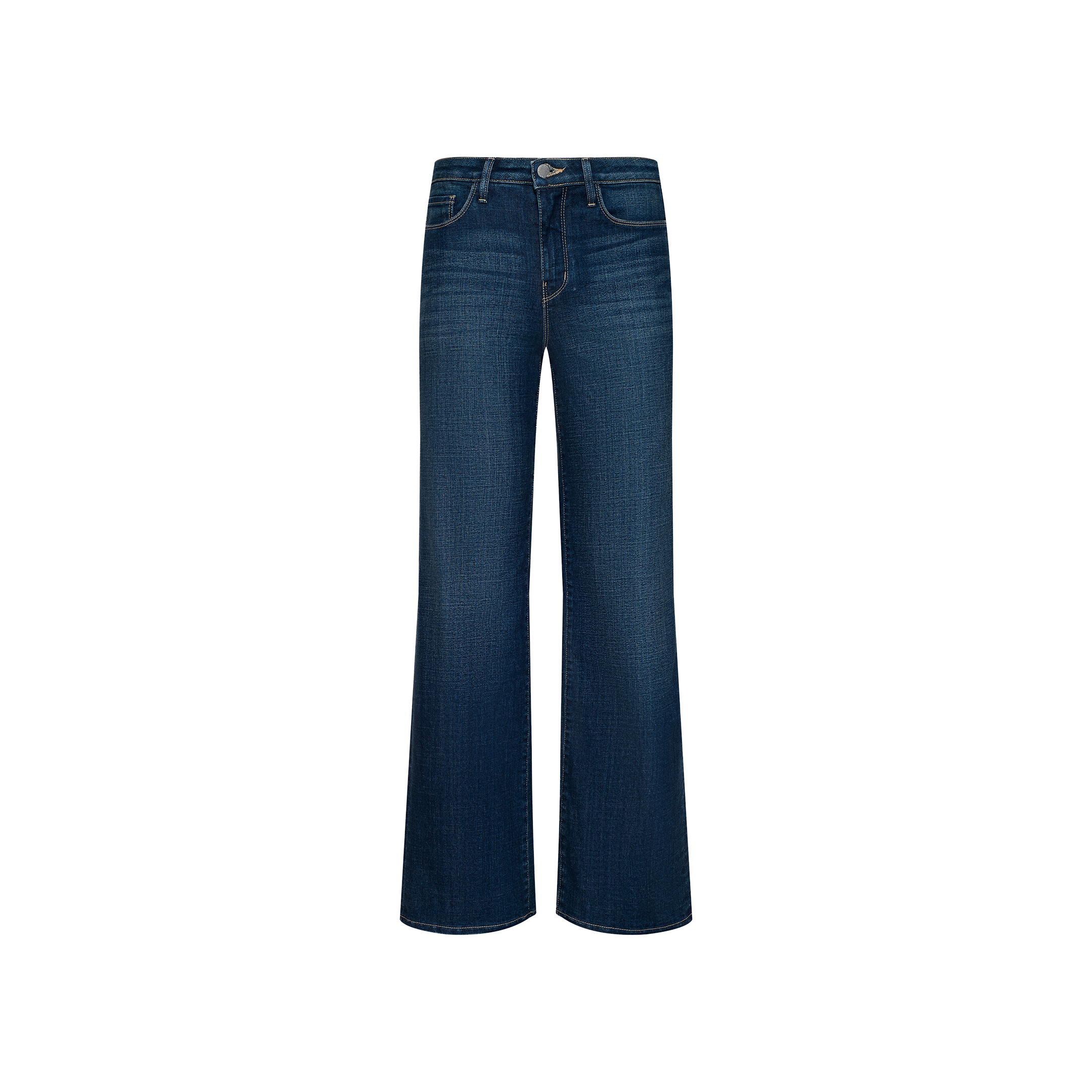 The Rosalyn Wide-Leg Jean is a pair of dark blue, high-rise, wide-leg jeans crafted from soft stretch denim with front and back pockets, displayed on a plain white background.