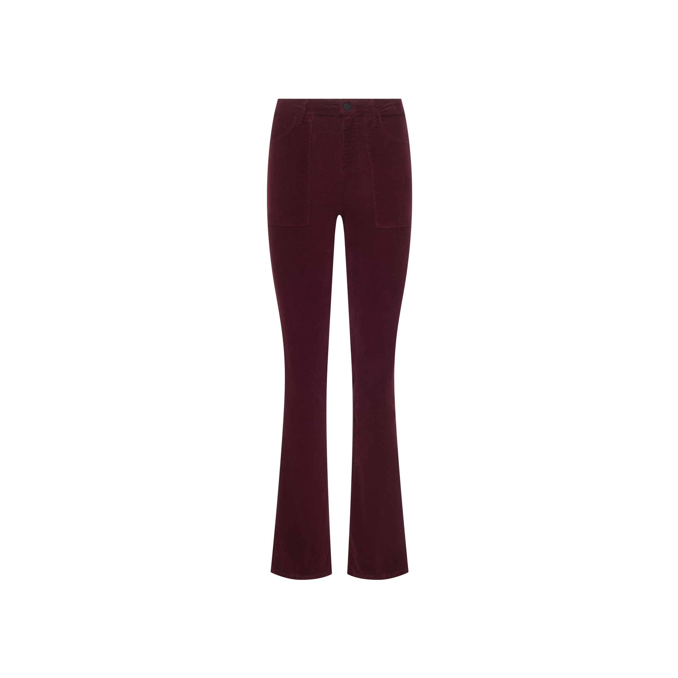 Saffia Corduroy Pant in deep burgundy with a high-rise, flared leg, stretch fabric, and front patch pockets.