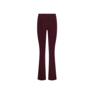 Saffia Corduroy Pant in deep burgundy with a high-rise, flared leg, stretch fabric, and front patch pockets.