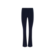 The Saffia Corduroy Pant, shown in dark blue on a white background, features a high rise, slim-straight jean fit with a slightly flared leg, front button closure, and two front patch pockets.