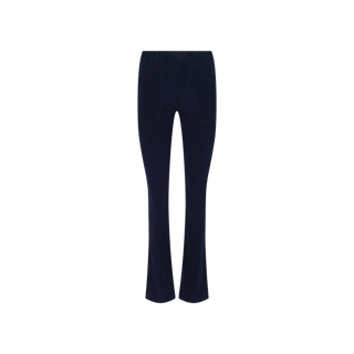 Saffia Corduroy Pant in dark blue, featuring front pockets, a high-rise waistband with belt loops, and a button closure, displayed on a plain white background.