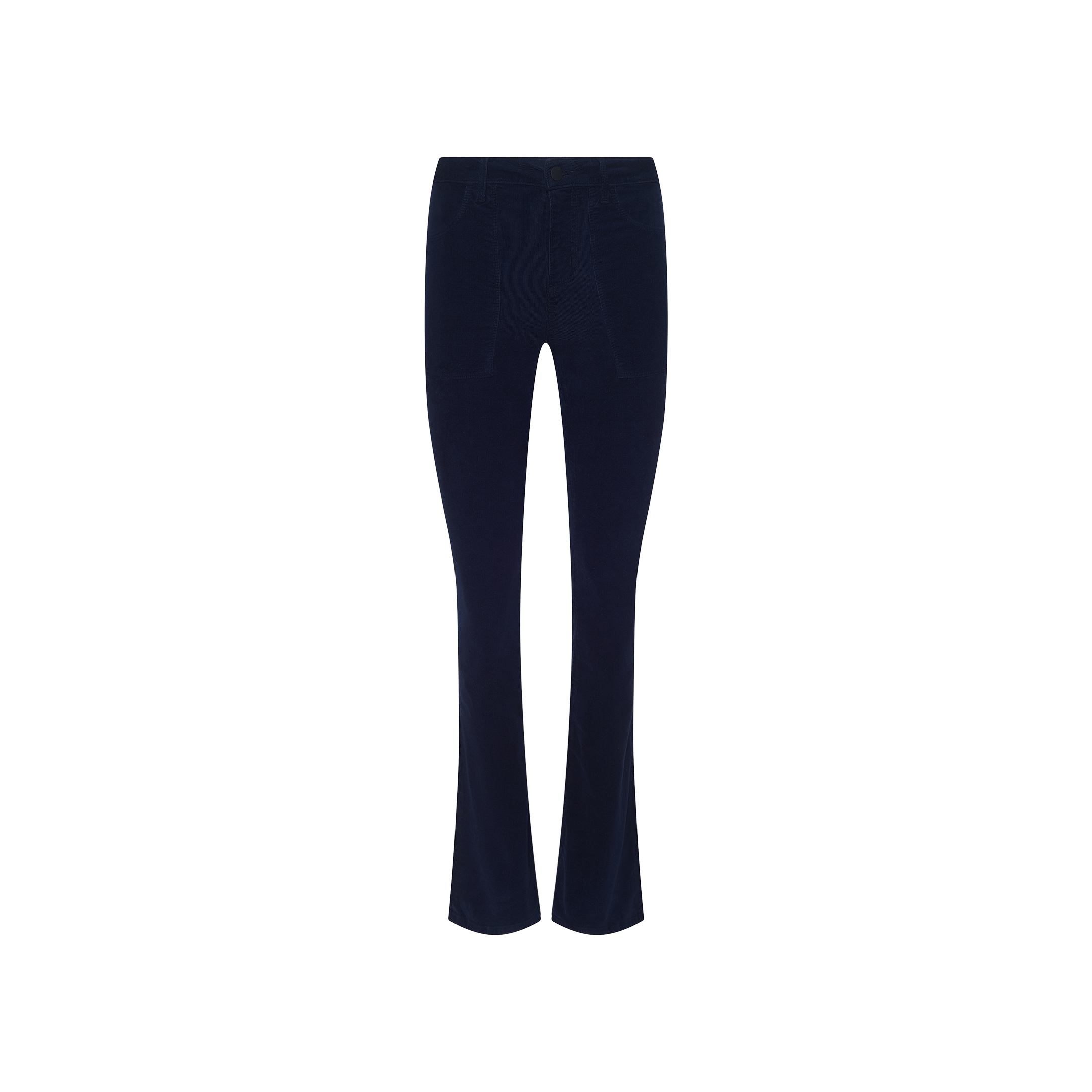 The Saffia Corduroy Pant, shown in dark blue on a white background, features a high rise, slim-straight jean fit with a slightly flared leg, front button closure, and two front patch pockets.