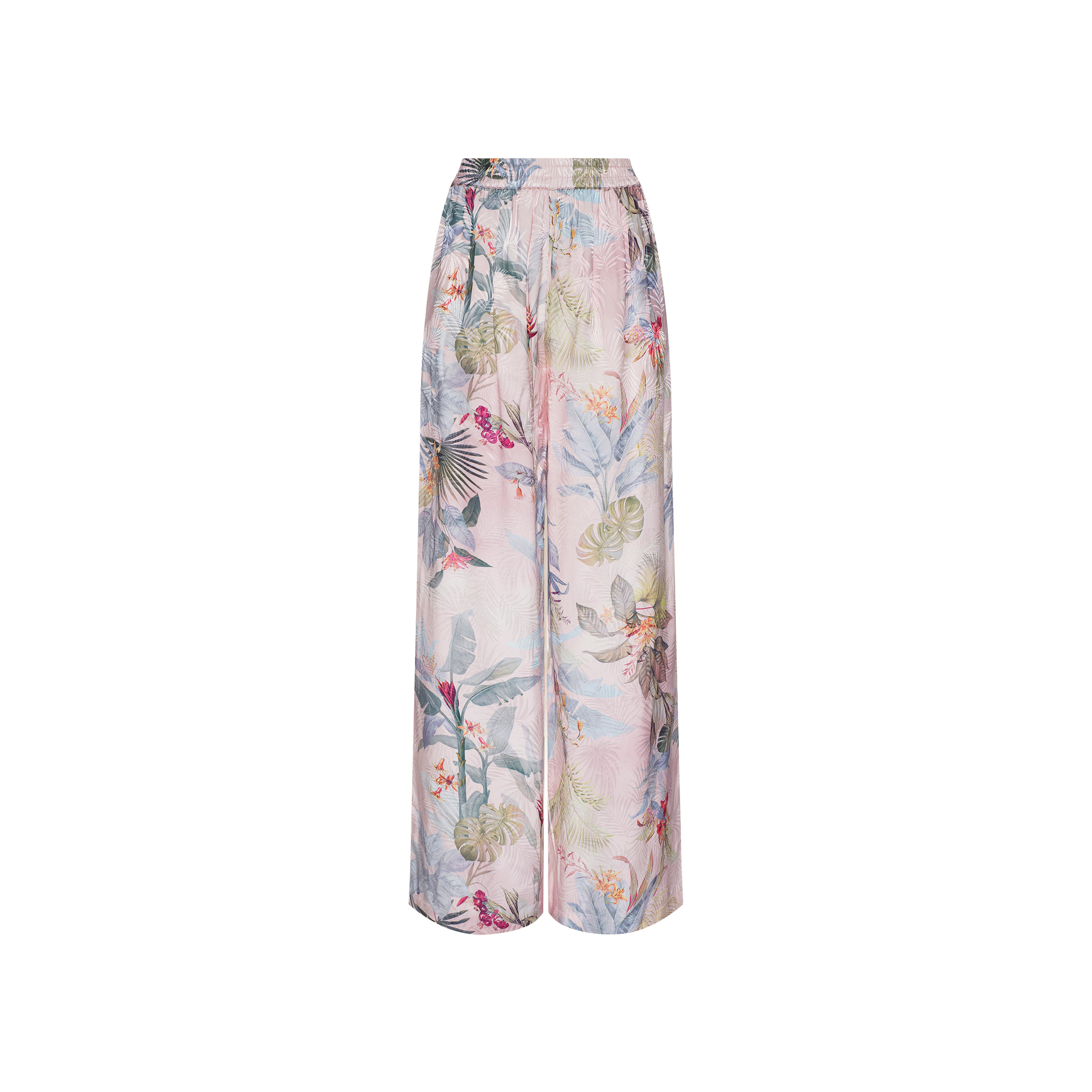The Lillian Satin Wide-Leg Pant features an ultra-wide silhouette with a pastel floral and pink palm leaf print, finished with an elastic waistband. Crafted from lightweight, flowy jacquard satin, the fabric stands out against a crisp white background.