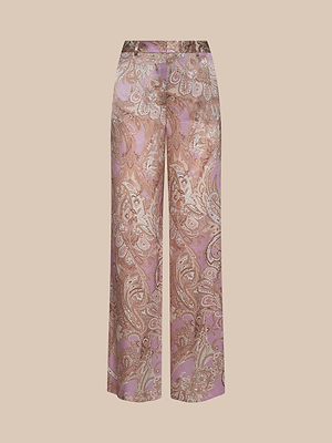 The Pilar Silk Wide-Leg Pant features a high-rise fit and a pink, beige, and brown paisley print, shown against a plain light peach background.