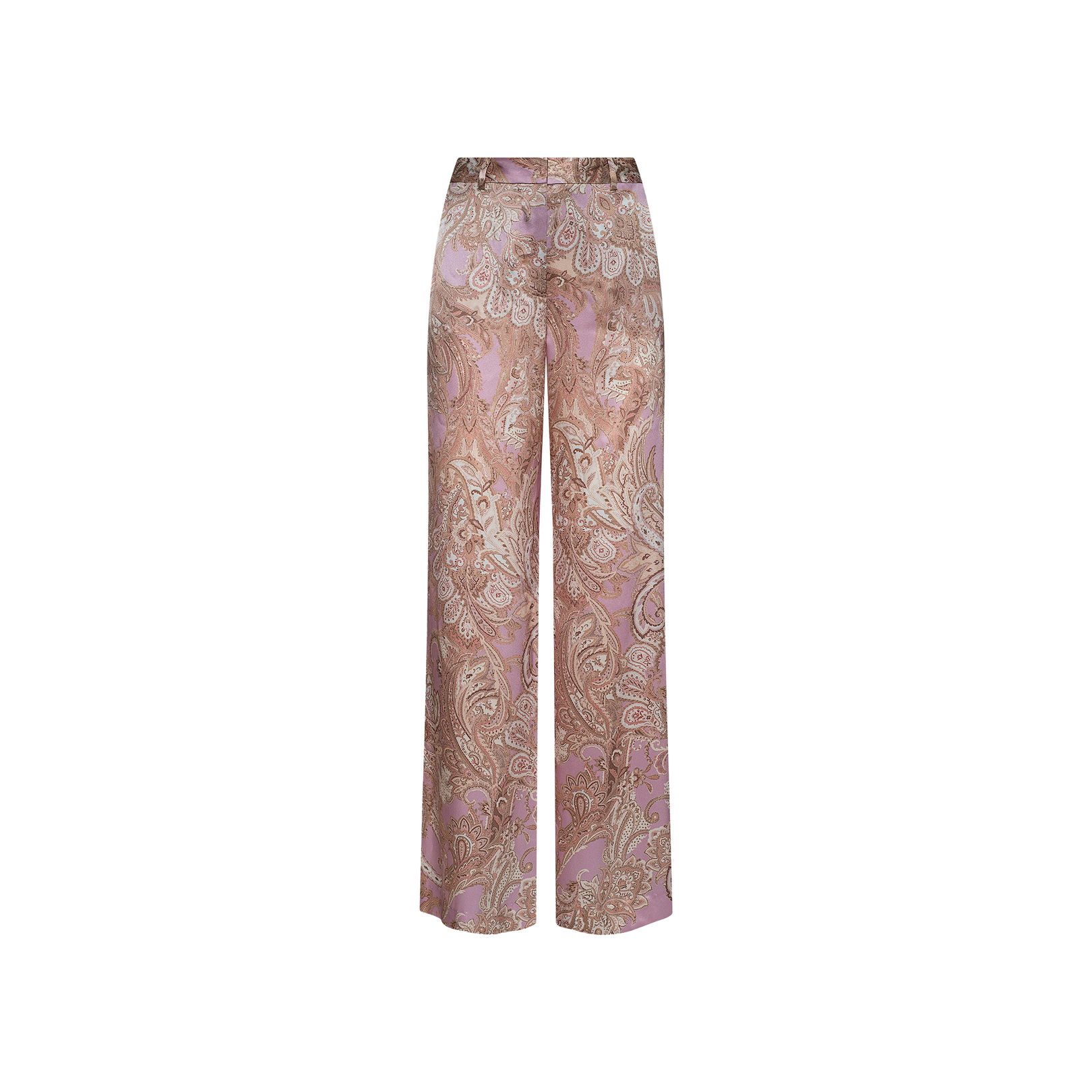 Introducing the Pilar Silk Wide-Leg Pant, a high-rise, wide-leg style adorned with a mauve paisley print in brown and light pink on a white background. Crafted from luxurious silk-like fabric, these pants offer both elegance and comfort with their relaxed fit.