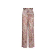 Introducing the Pilar Silk Wide-Leg Pant, a high-rise, wide-leg style adorned with a mauve paisley print in brown and light pink on a white background. Crafted from luxurious silk-like fabric, these pants offer both elegance and comfort with their relaxed fit.