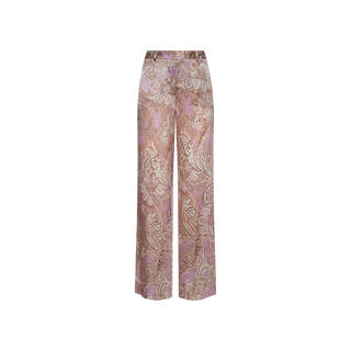 Introducing the Pilar Silk Wide-Leg Pant, a high-rise, wide-leg style adorned with a mauve paisley print in brown and light pink on a white background. Crafted from luxurious silk-like fabric, these pants offer both elegance and comfort with their relaxed fit.