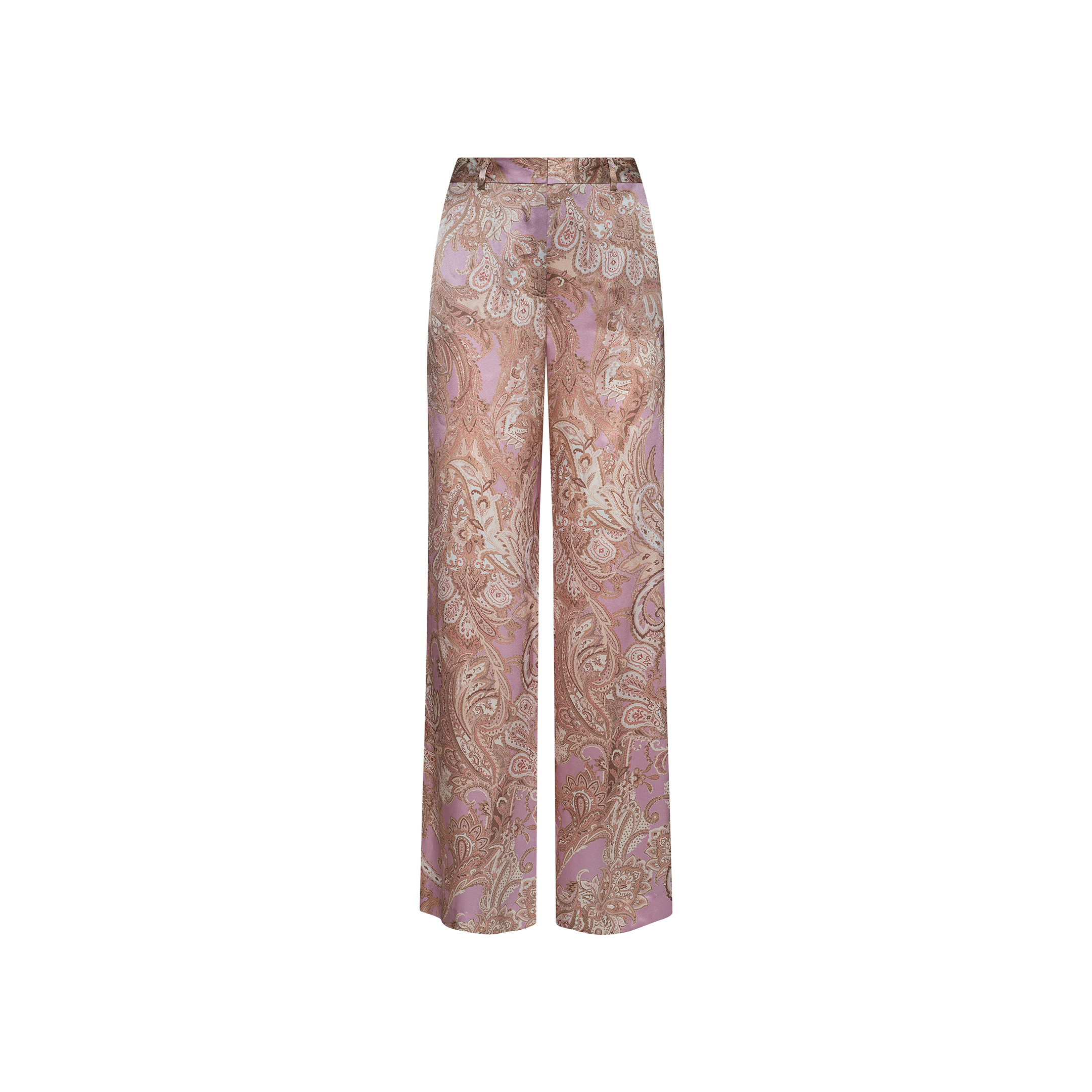 Introducing the Pilar Silk Wide-Leg Pant, a high-rise, wide-leg style adorned with a mauve paisley print in brown and light pink on a white background. Crafted from luxurious silk-like fabric, these pants offer both elegance and comfort with their relaxed fit.