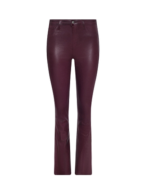 L'AGENCE Selma Coated Bootcut Jean: High-waisted, slim-fit maroon pants with button and zip closure, front pockets, and a high-rise baby bootcut silhouette, shown on a white background.