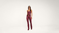 Woman wearing sunglasses, a maroon lace top, maroon leather pants, matching heels, a gold-buckled belt, and bracelets, standing against a plain white background.