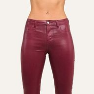 A person wearing high-rise burgundy Selma Coated Bootcut Jean.