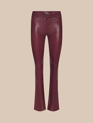 Selma Coated Bootcut Jean in glossy burgundy with a high-waisted fit, bootcut silhouette, front button and zipper closure, and both side and back pockets, displayed on a plain beige background.