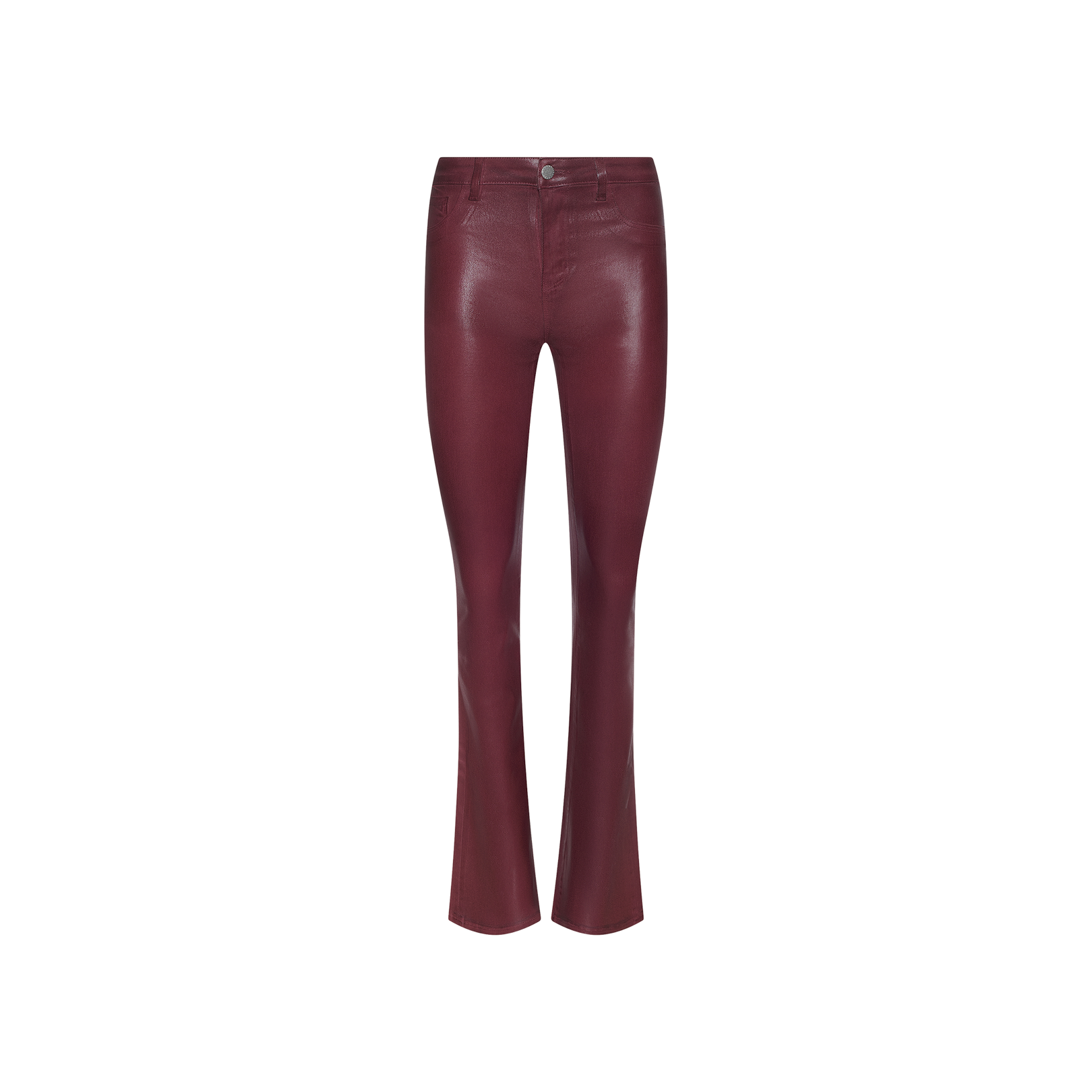 The Selma Coated Bootcut Jean features a high-waisted silhouette and a straight bootcut leg, crafted in a shiny maroon leather-alternative, displayed against a plain white background.