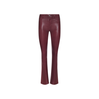 The Selma Coated Bootcut Jean features a high-waisted silhouette and a straight bootcut leg, crafted in a shiny maroon leather-alternative, displayed against a plain white background.