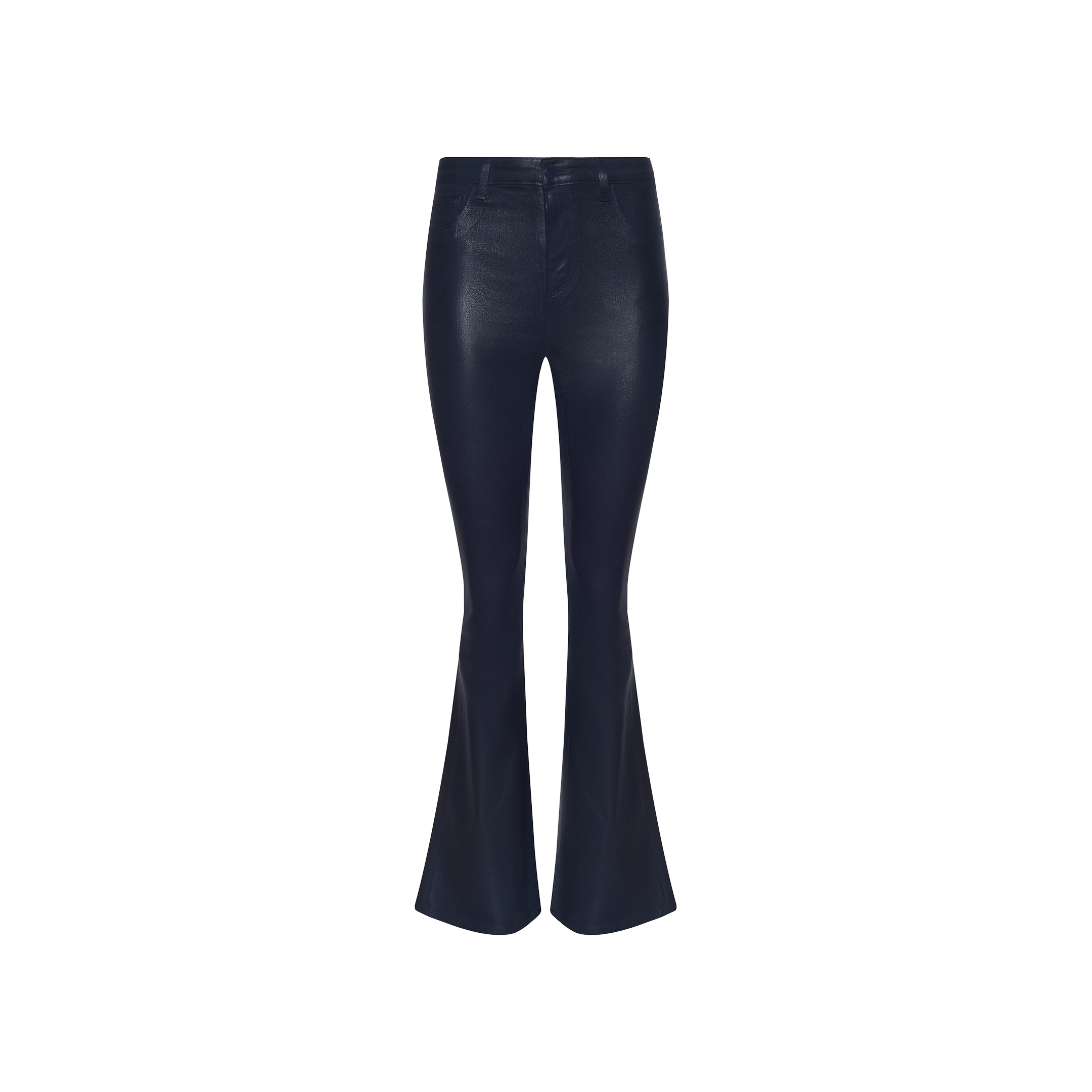 Marty Coated Flare Jean in black features a high-waisted silhouette, flared hem, and shiny leather-like coated denim, showcased against a plain white background.