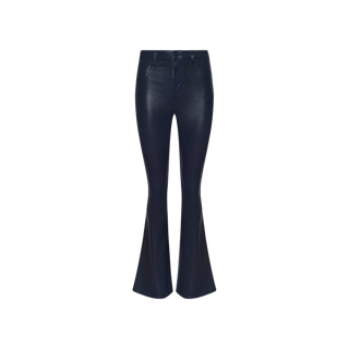 The Marty Coated Flare Jean is a high-waisted, black coated denim pant featuring a dramatic flared hem, displayed on a plain white background.