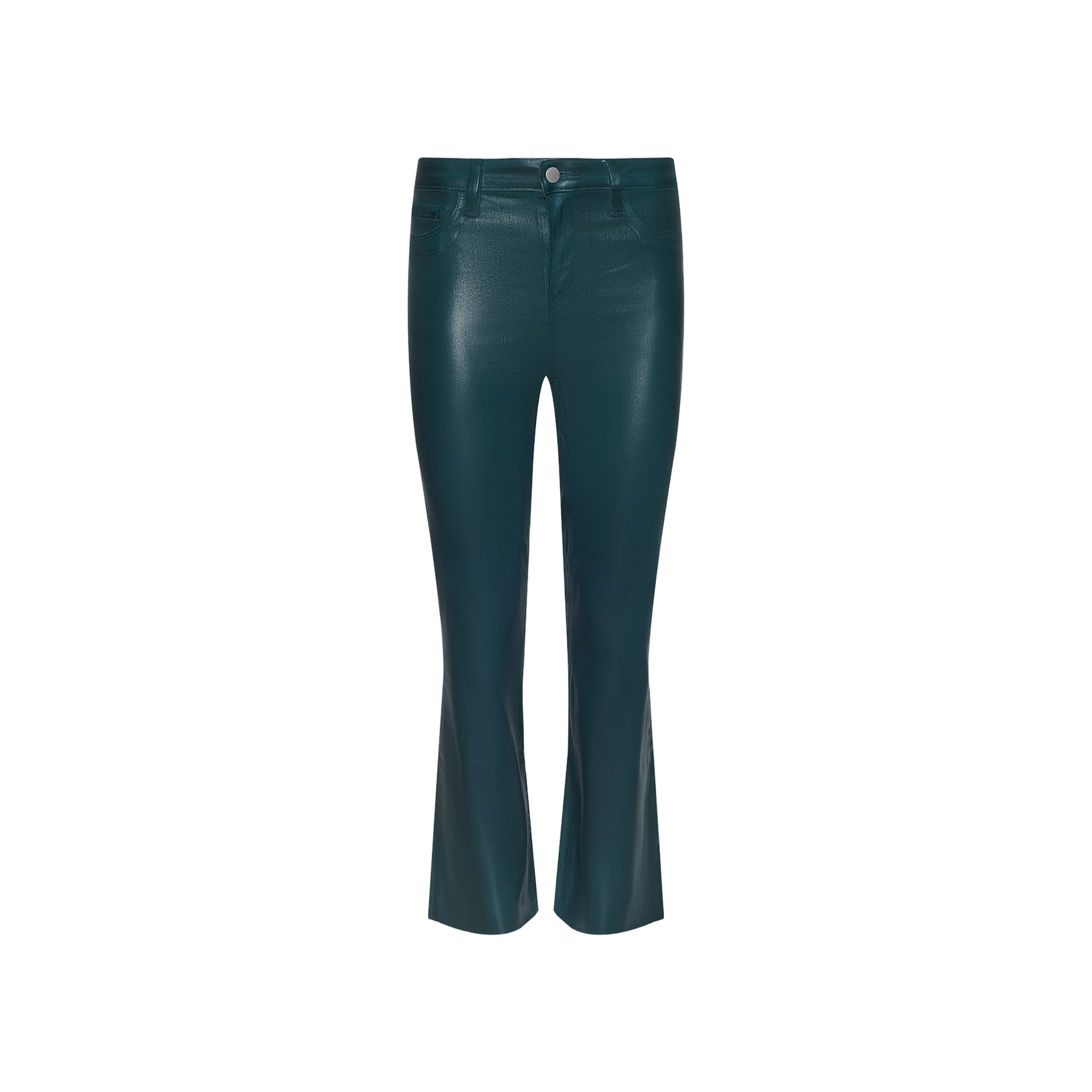 The Kendra Coated Cropped Flare Jean features a teal faux leather finish with a high-rise, fitted waist and hips, and a subtle flare at the cropped hem, shown against a plain white background.