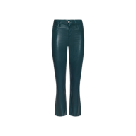 Kendra Coated Cropped Flare Jean in teal, featuring a slim fit, high-rise waist, front and back pockets, button closure, and a slight flare at the hem; displayed on a white background.