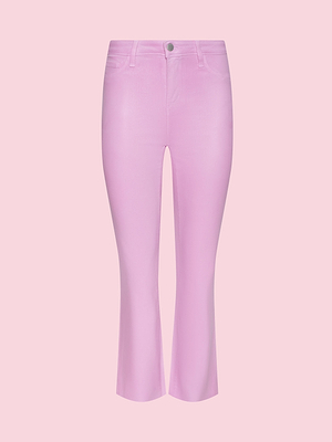 The Kendra Coated Cropped Flare Jean is a high-rise, light pink denim with front and back pockets, belt loops, and a button-zip closure, shown on a pale pink background.
