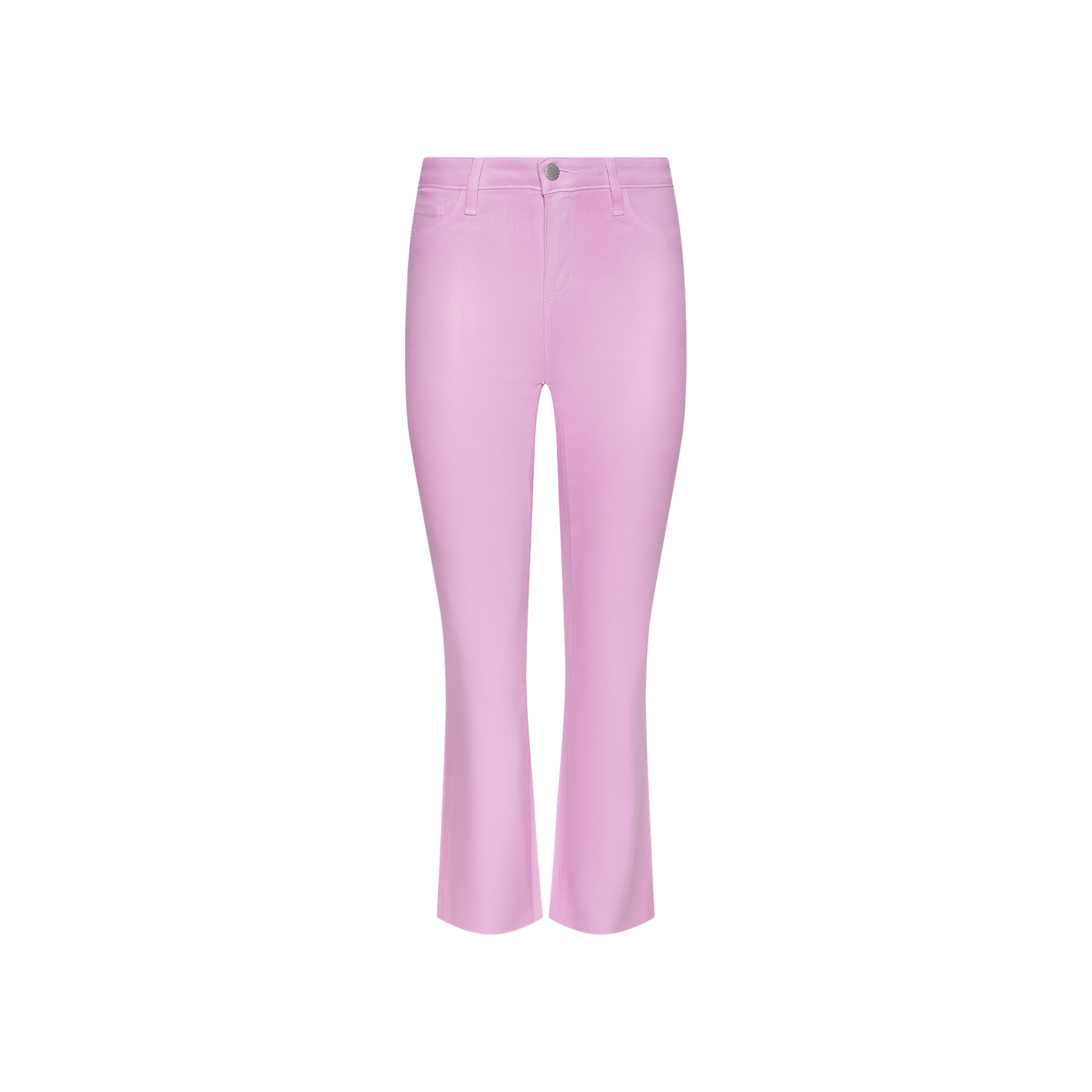 The Kendra Coated Cropped Flare Jean, a high-rise style in pastel pink coated denim with a button and zipper closure, is shown against a plain white background.