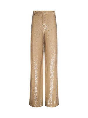 The Gavin Sequin Wide-Leg Pant is shown on a white background, featuring a high rise waist and shimmering gold sequins with a reflective finish.