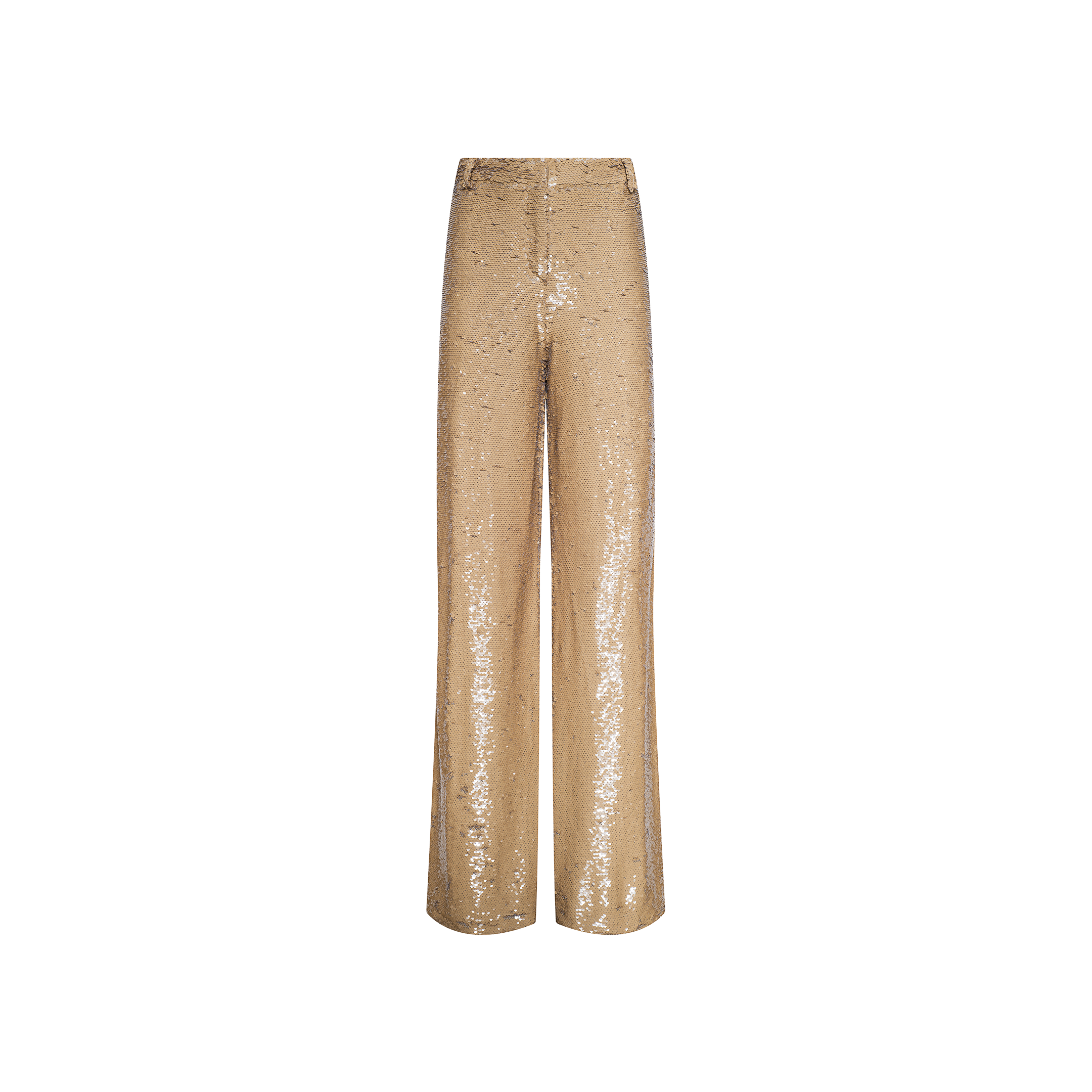 The Gavin Sequin Wide-Leg Pant is a gold, high-waisted, wide-leg pant featuring sequins and a high-shine finish, shown against a plain white background.