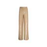 The Gavin Sequin Wide-Leg Pant is a gold, high-waisted, wide-leg pant featuring sequins and a high-shine finish, shown against a plain white background.