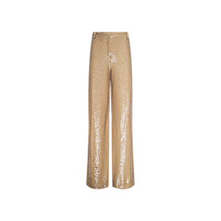 Gavin Sequin Wide-Leg Pant shown on a white background. These high-waisted pants feature a straight fit and a shimmering, textured sequin surface.