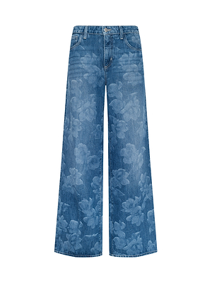 The Alicent Wide-Leg Jean is a high-rise, sneaker-length blue jean with a subtle all-over floral denim print, front pockets, belt loops, and button-zipper closure for both style and comfort.