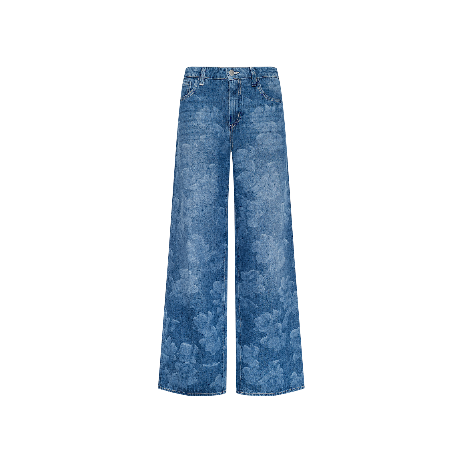 The Alicent Wide-Leg Jean features a subtle floral print across blue denim, designed in a sneaker-length cut and displayed against a plain white background.