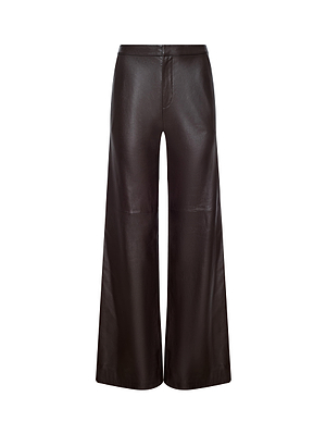 The Livvy Leather Trouser by L'AGENCE features wide-leg black lambskin, a high waist, flat front, and subtle seam details, shown against a white background.