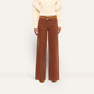 Scottie Corduroy Wide-Leg Pant in cognac brown, worn high-rise with a brown belt and tan boots.