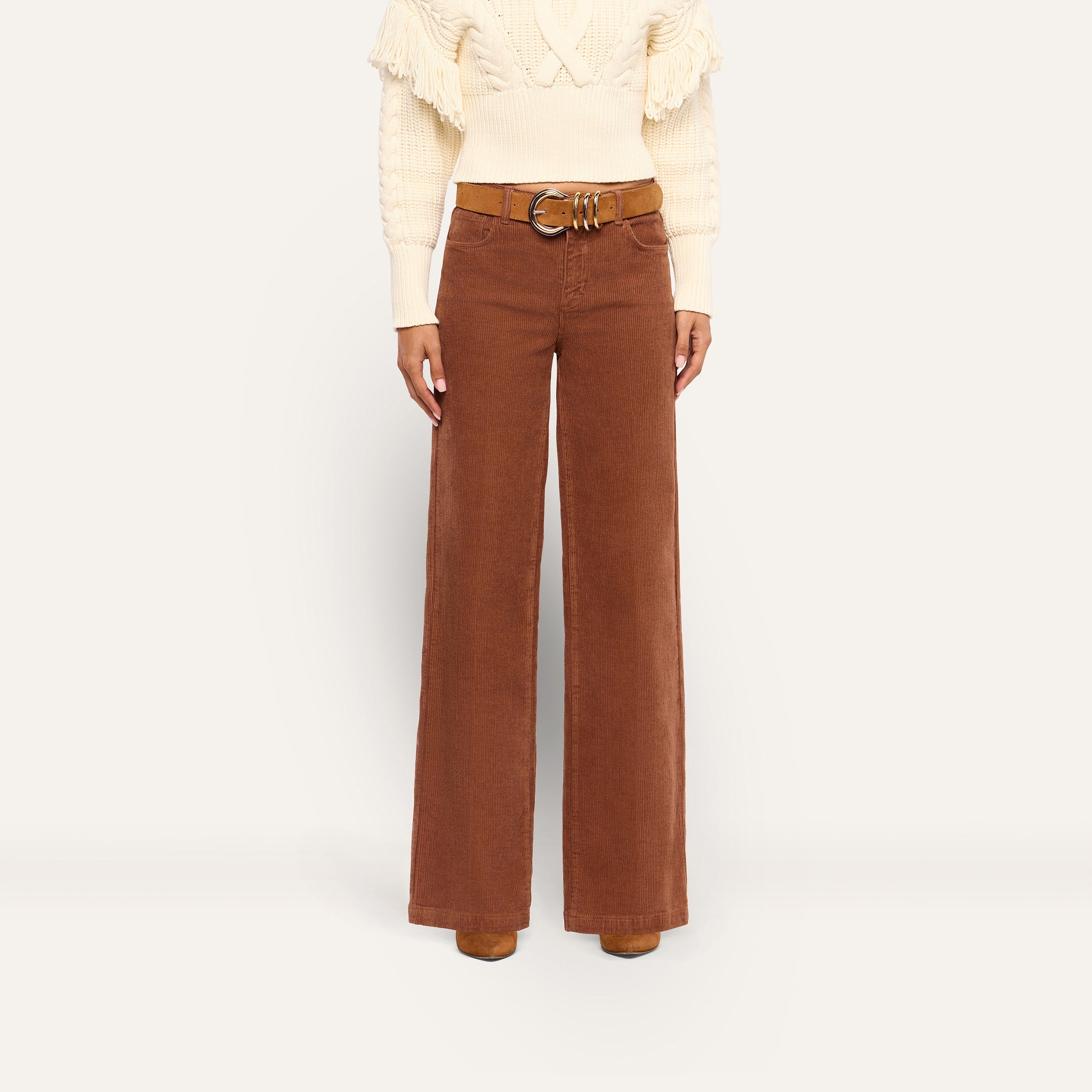 Scottie Corduroy Wide-Leg Pant in cognac brown, worn high-rise with a brown belt and tan boots.