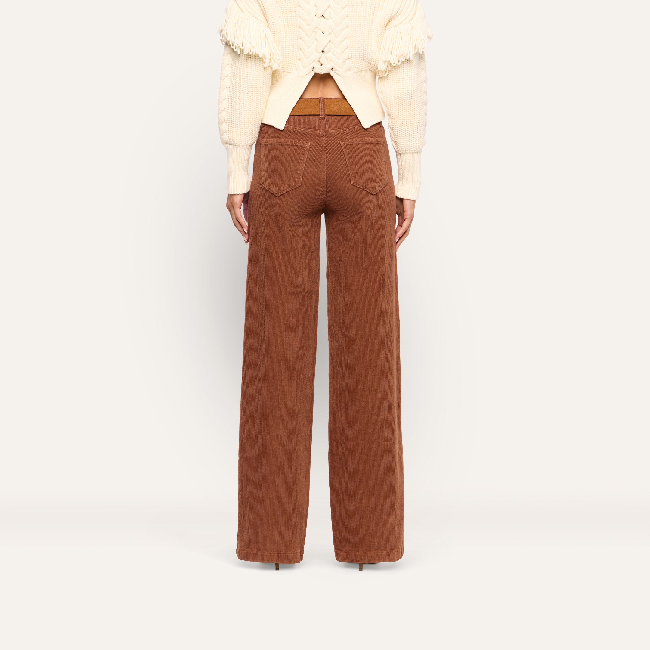 Back view of Scottie Corduroy Wide-Leg Pant in cognac brown featuring a high-rise fit, wide legs, and a brown belt.