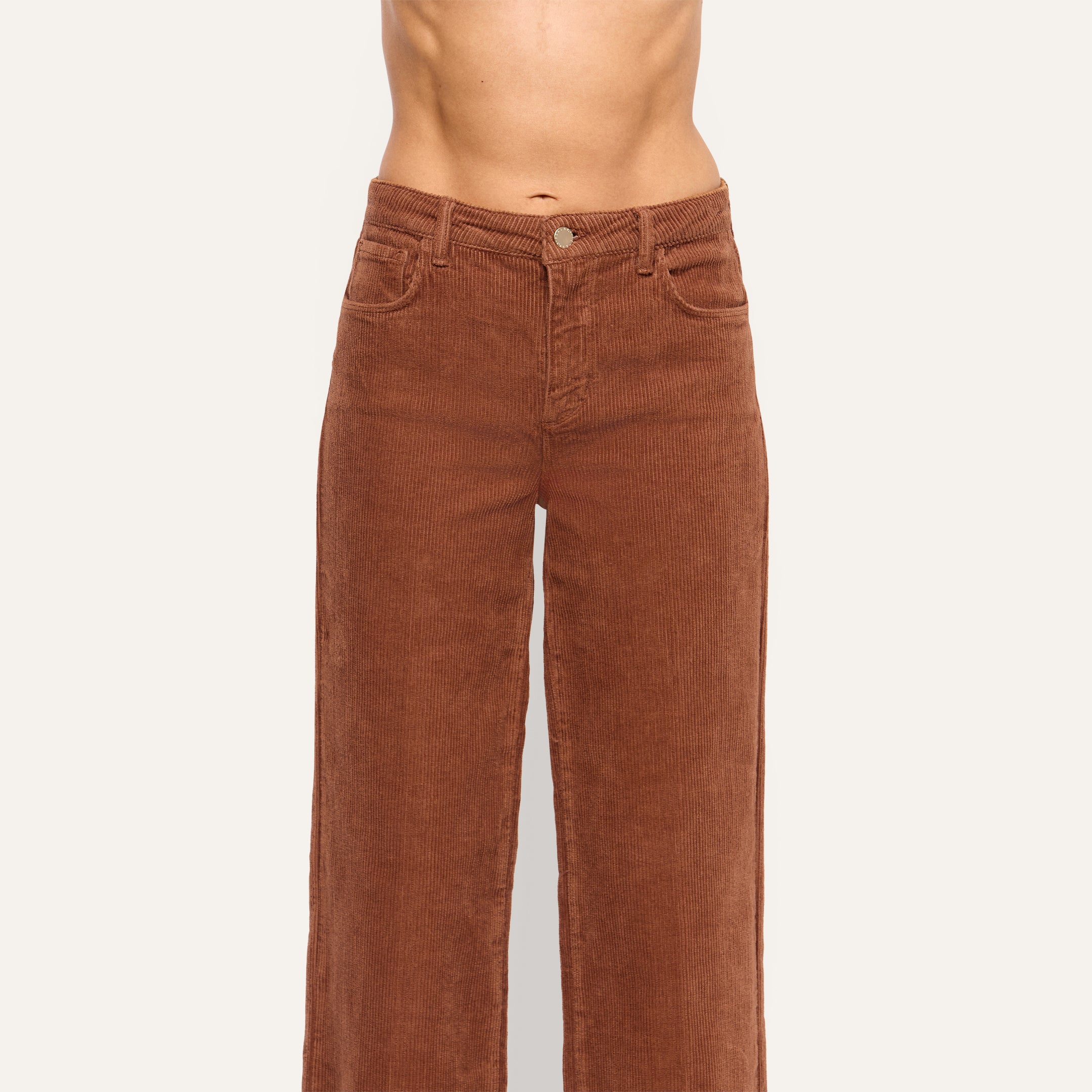 Scottie Corduroy Wide-Leg Pant in high-rise, cognac brown corduroy with a wide-leg fit, button fly, and front pockets.