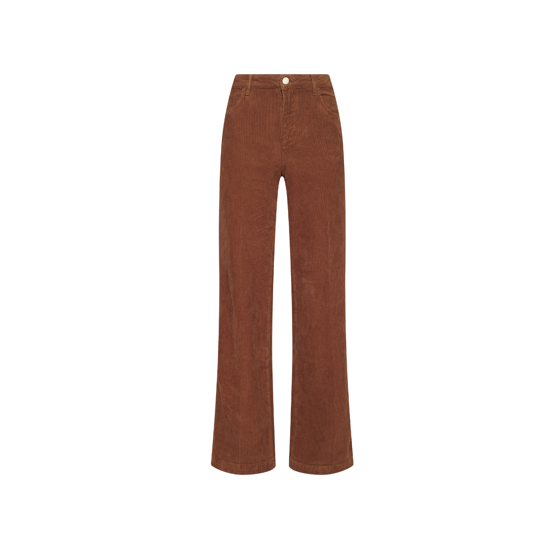 Scottie Corduroy Wide-Leg Pant in cognac brown with a high-rise, wide-leg fit, high waist, and button closure.