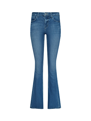 L'AGENCE Cara Low-Rise Bootcut Jean in blue stretch denim features a low-rise waist, front button and zip closure, and classic five-pocket design, shown on a white background.