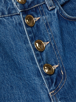Close-up of the Liora Cropped Jean’s vintage-inspired blue denim, showcasing four metallic buttons, visible stitching, and pocket detail—perfect for your favorite cropped jean look.