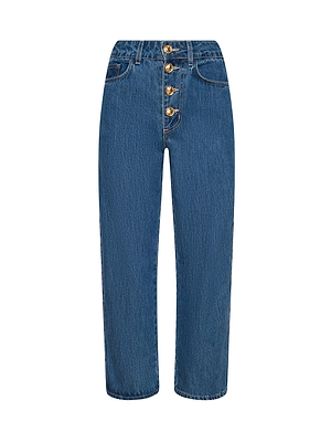 The Liora Cropped Jean features a high waist, straight leg cut, vintage-inspired blue denim, four metallic front buttons, and classic front and back pockets.