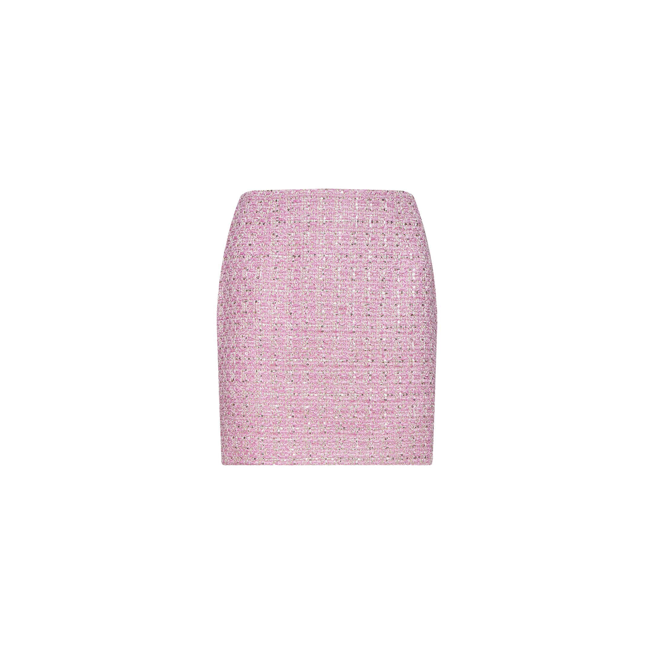 The Livia Tweed Mini Skirt is a short, high-waisted pink sequined tweed mini skirt with a fitted silhouette, displayed against a plain white background.