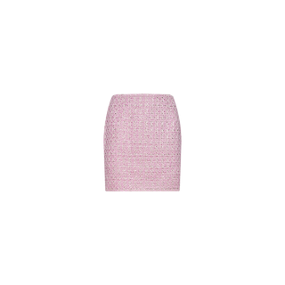 The Livia Tweed Mini Skirt is shown on a plain white background, featuring a pink sequined design with a straight, fitted silhouette and subtle textured pattern—making it an ideal piece to elevate your capsule collection.