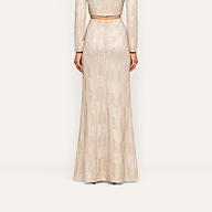 A person stands facing away, wearing the Zeta Sequin Maxi Skirt in champagne with a matching cropped top, both featuring a subtle shimmer—perfect for a special occasion.