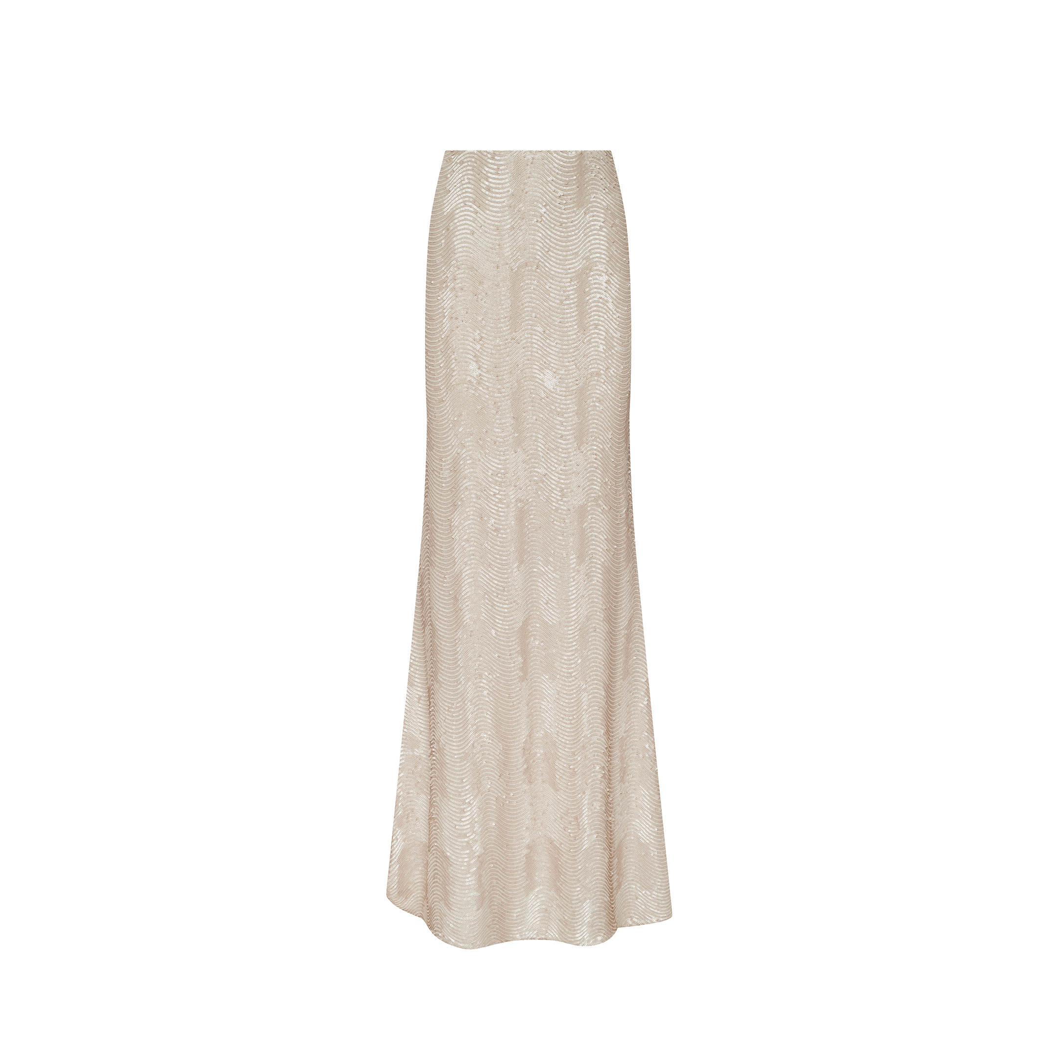 The Zeta Sequin Maxi Skirt is a long, high-waisted cream maxi skirt embellished with champagne sequins for a touch of shimmer. Fitted at the waist and hips before gently flaring out at the hem, this elegant piece is ideal for special occasions and is shown against a plain white background.
