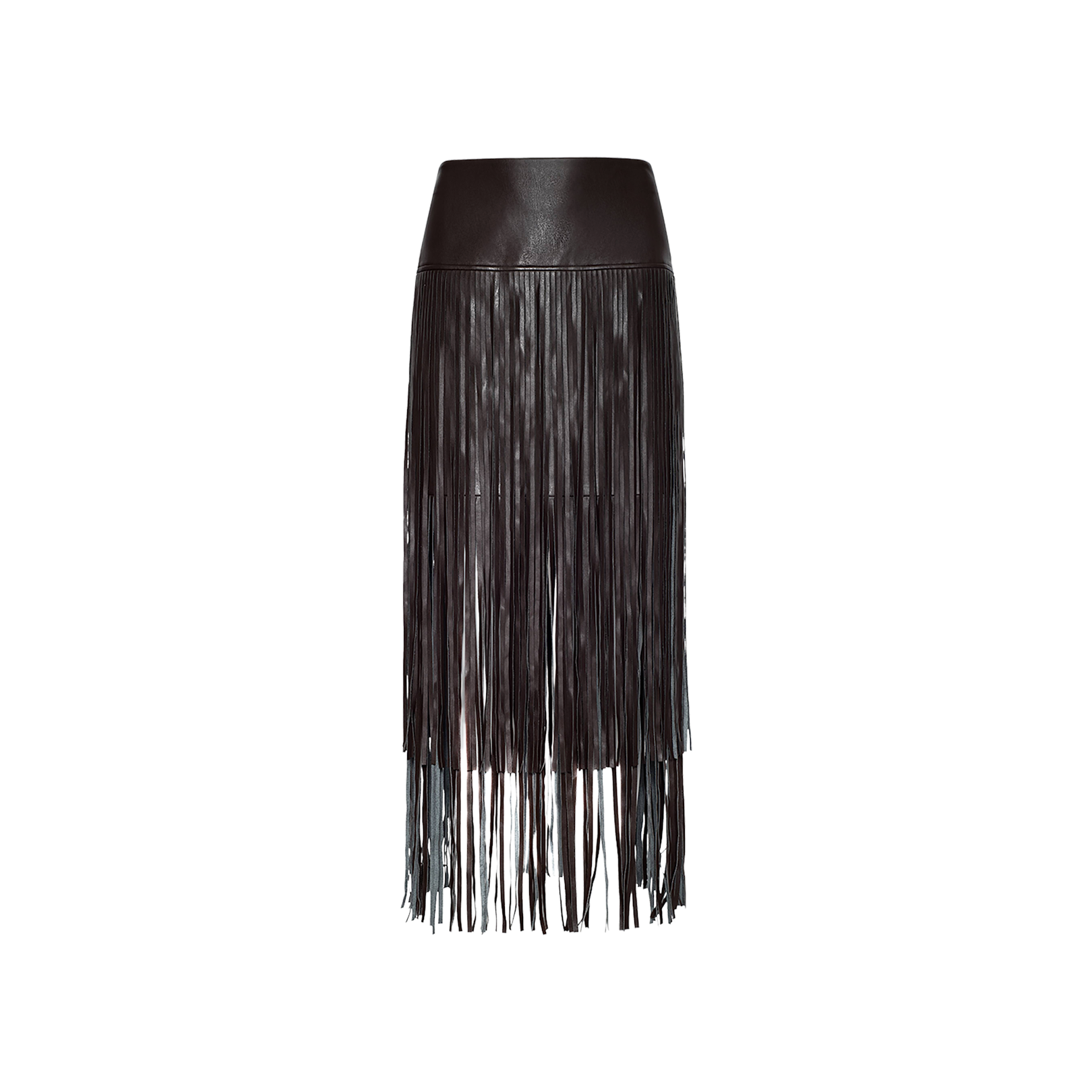 The Karolina Fringe Skirt is a high-waisted black vegan leather skirt featuring long, thin fringe detailing that cascades from the waistband to below the knee, making it a striking statement piece displayed on a plain white background.