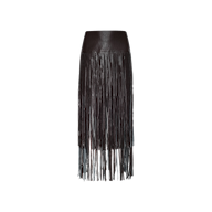 The Karolina Fringe Skirt is a high-waisted black vegan leather skirt featuring long, thin fringe detailing that cascades from the waistband to below the knee, making it a striking statement piece displayed on a plain white background.