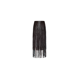 The Karolina Fringe Skirt is a black vegan leather skirt featuring long fringe detailing that cascades from the hem, shown against a plain white background—an ideal statement piece for any bold ensemble.