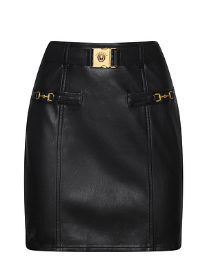 The Yvette Vegan Leather Mini Skirt by L'AGENCE features black vegan leather, gold-tone hardware, a waist belt with a decorative lion head buckle, and gold accents on the hip straps.