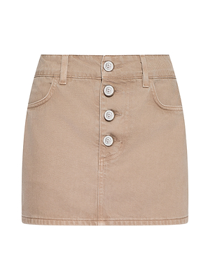The Solene Jean Mini Skirt is a beige mini skirt made from all-cotton denim with belt loops, two front pockets, and four logo buttons down the center front.