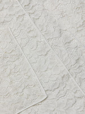 Close-up of delicate white lace fabric with a floral pattern and textured overlapping edges—ideal for creating the Riven Lace Mini Skirt or a scalloped edge style.